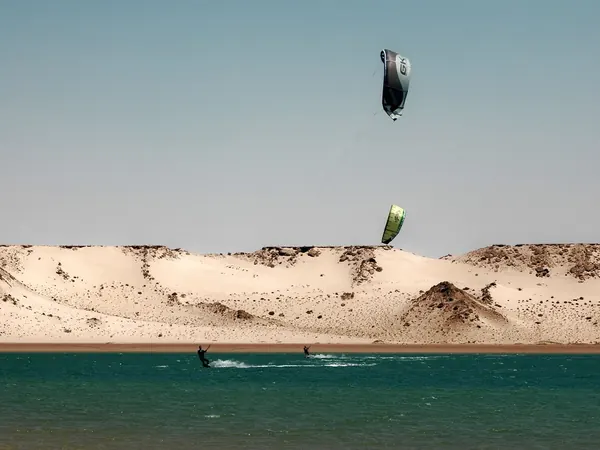 Dakhla lagoon with kitesurfers