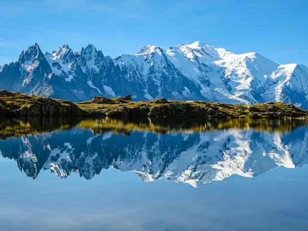 Mont Blanc massif reflected in a lake above Chamonix