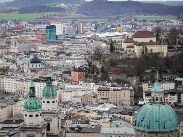 Salzburg old town rooftops and cathedral domes