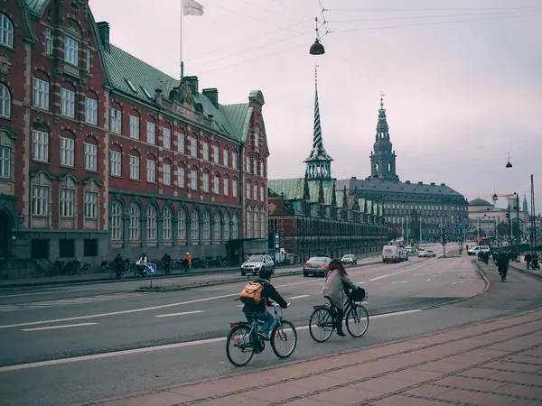 Copenhagen, cyclists along the Slotsholmen waterfront