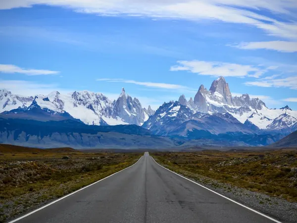 Road into El Chaltén with the Fitz Roy massif ahead