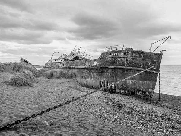 Wreck of the Amadeo on the Strait of Magellan shore at San Gregorio, on the road to Punta Delgada