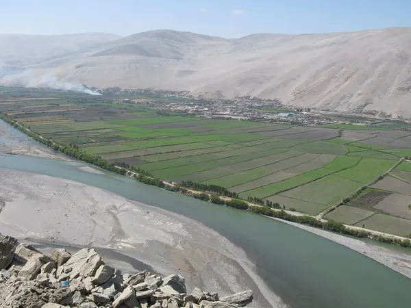 Ocoña river valley, green farmland between coastal desert hills (route to Camaná)