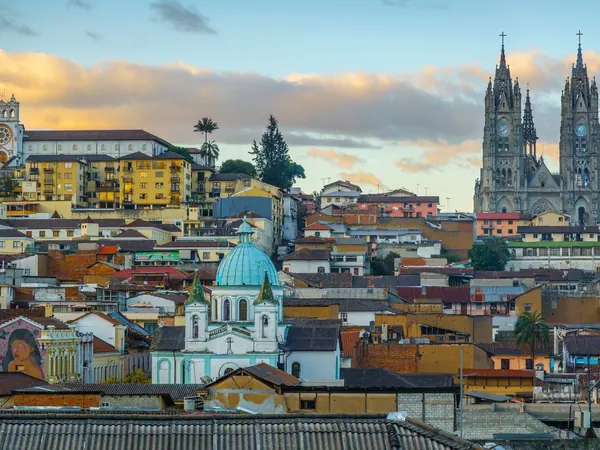 Quito old town skyline with the Basílica del Voto Nacional