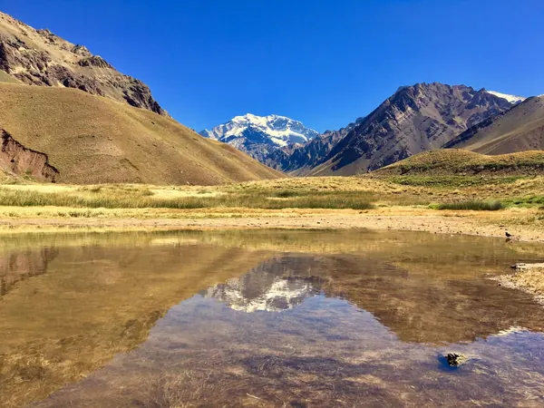 Aconcagua, the highest mountain outside Asia, reflected in a lagoon in Mendoza province