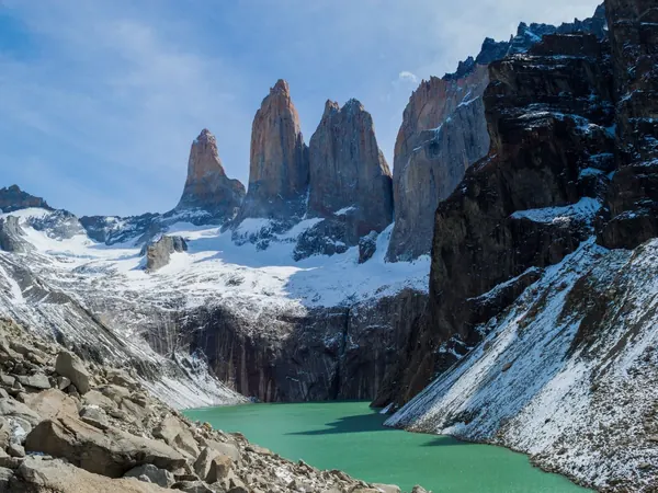 The three towers of Torres del Paine above the glacial lake