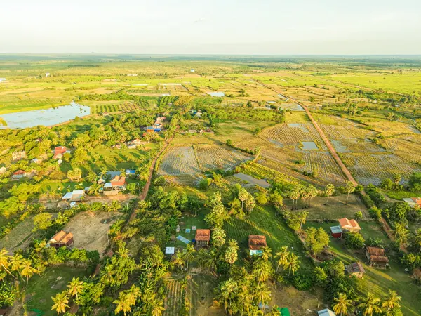 Rural Cambodia from above: rice fields and villages