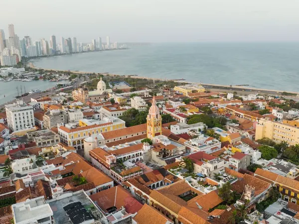 Cartagena, the walled old city from the air with Bocagrande behind