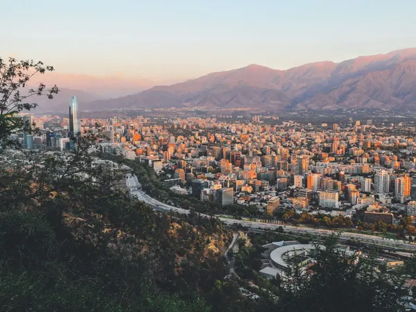 Santiago from Cerro San Cristóbal at sunset, the Andes behind